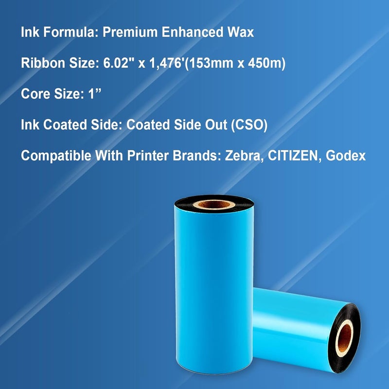 Techbarco Store 1 Rolls 6.02" x 1476' Premium Enhanced Wax Thermal Transfer Ribbon, 153mm x 450m Black Industrial Barcode Label Printer Ribbon - Compatible with Zebra, TSC, GoDex, Citizen, 1" Core - Image 3